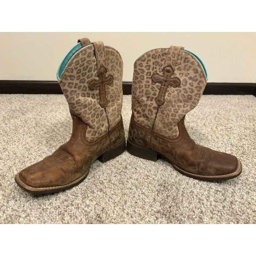Ariat Kids Western Leopard Print Leather Boots Brown/Turquoise US 2 M